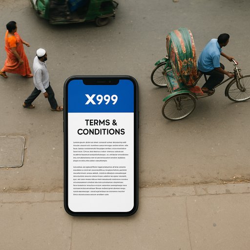 X999 app on a smartphone in a Dhaka street scene